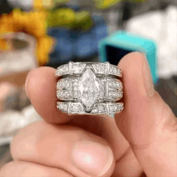 Marquise Round Diamond Wedding Engagement Anniversary Ring & Diamond Ring Guards - Picture 4 of 6